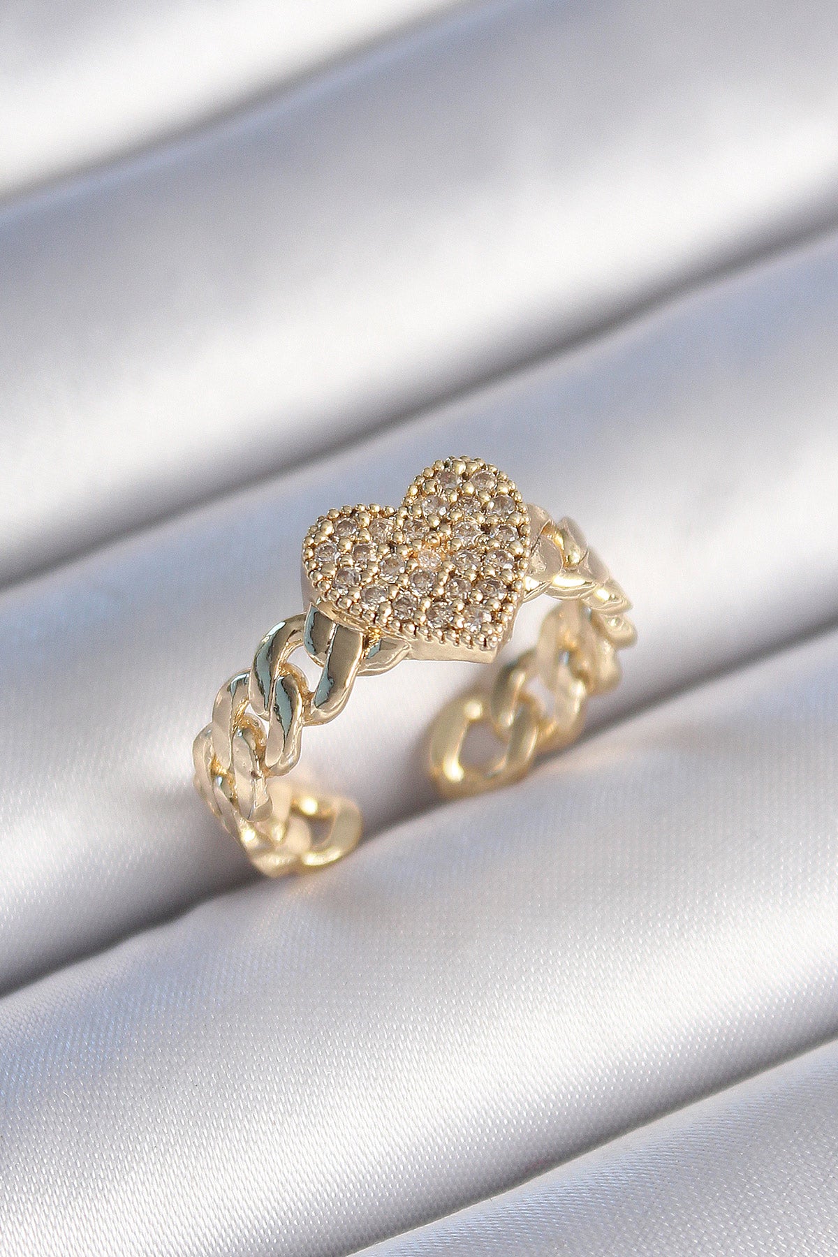 Brass Gold Color Chain Cord Zircon Stone Heart Model Women's Ring