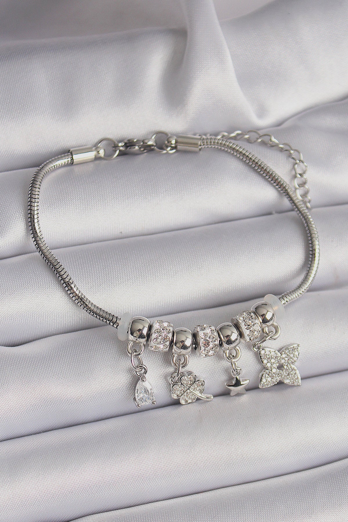 Brass Silver Color Chain Pendant Zircon Stone Clover Figure Charm Bracelet