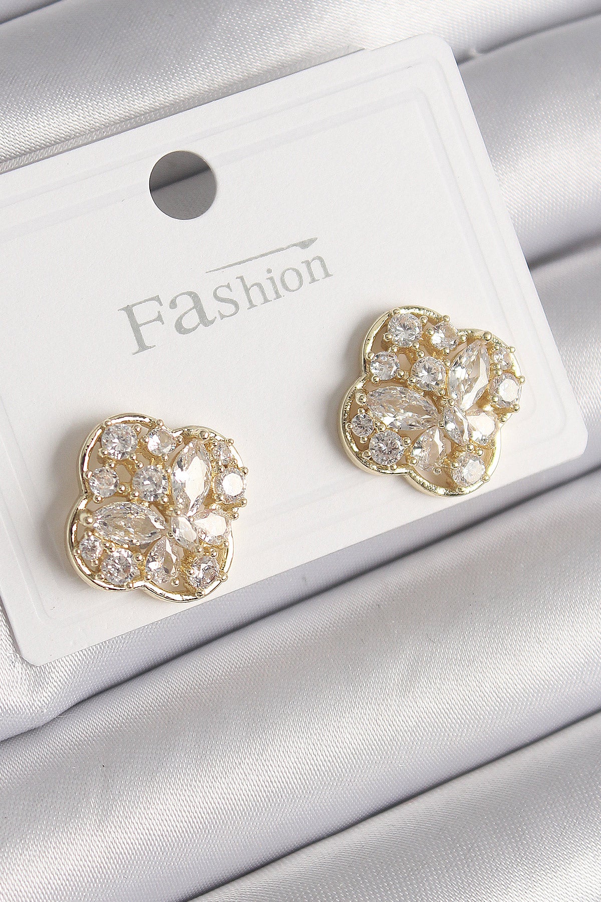 Brass Gold Color Zircon Stone Clover Model Women's Earrings
