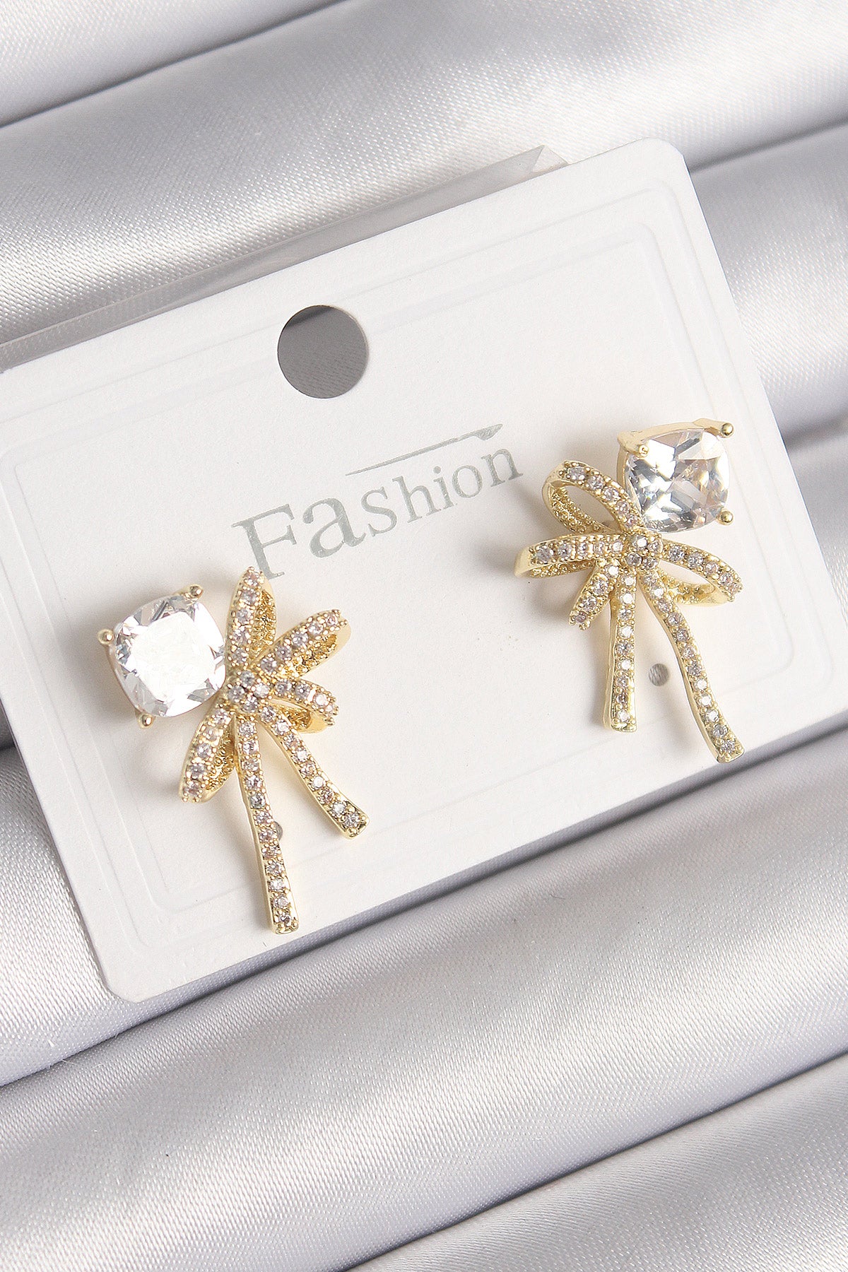 Brass Gold Color Zircon Stone Ribbon Model Women's Earrings
