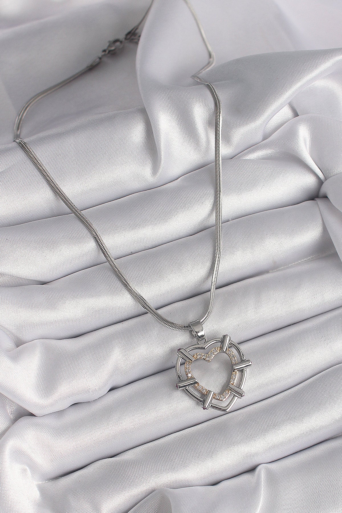 316L Steel Silver Color Italian Chain Mix Color Zircon Stone Detail Heart Model Women's Necklace