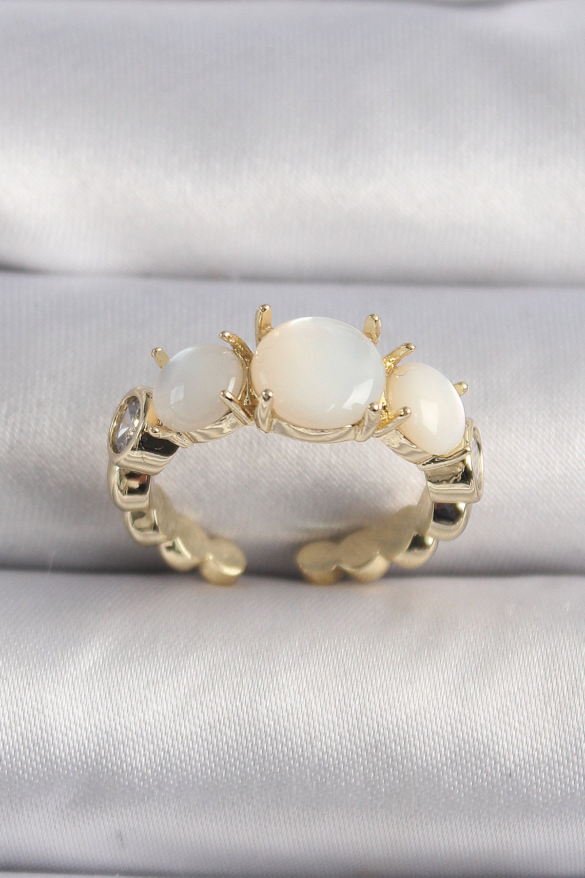Brass Gold Color Zircon Stone Detailed White Mother-of-Pearl VIP Series Women's Ring
