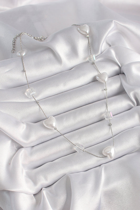Brass Silver Color White Pearl Heart Model Women's Necklace