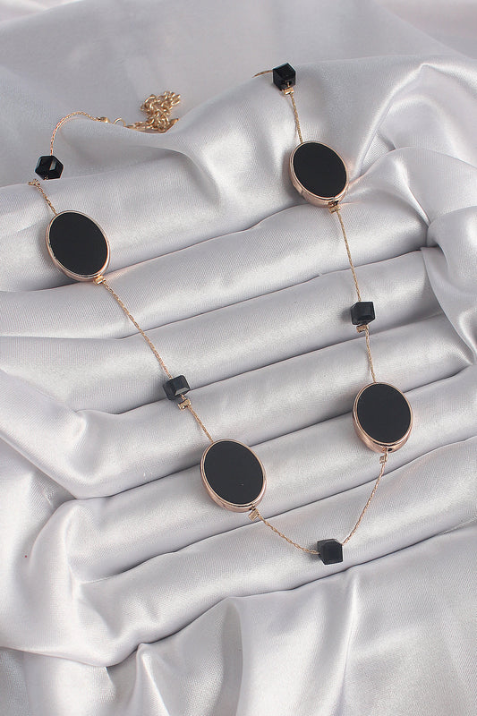 Brass Gold Color Black Color Oval Black Cube Detail Women's Necklace