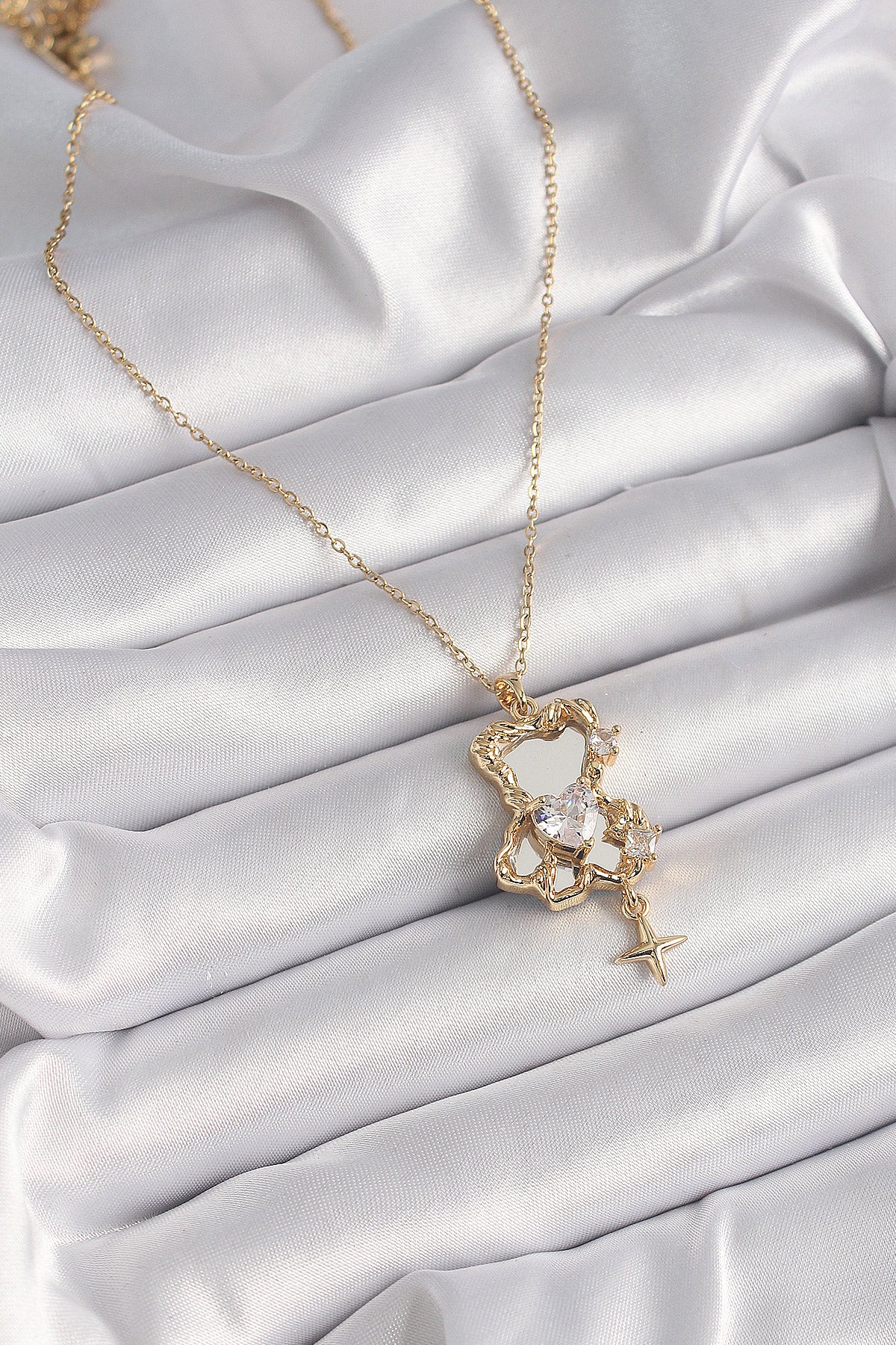 316L Steel Gold Color Chain Mirror Teddy Bear Model Zircon Stone Heart Model Women's Necklace