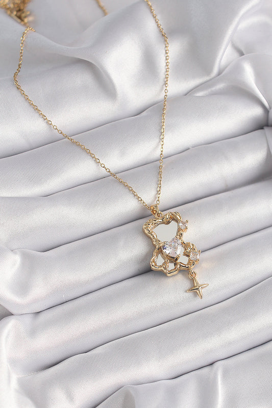 316L Steel Gold Color Chain Mirror Teddy Bear Model Zircon Stone Heart Model Women's Necklace