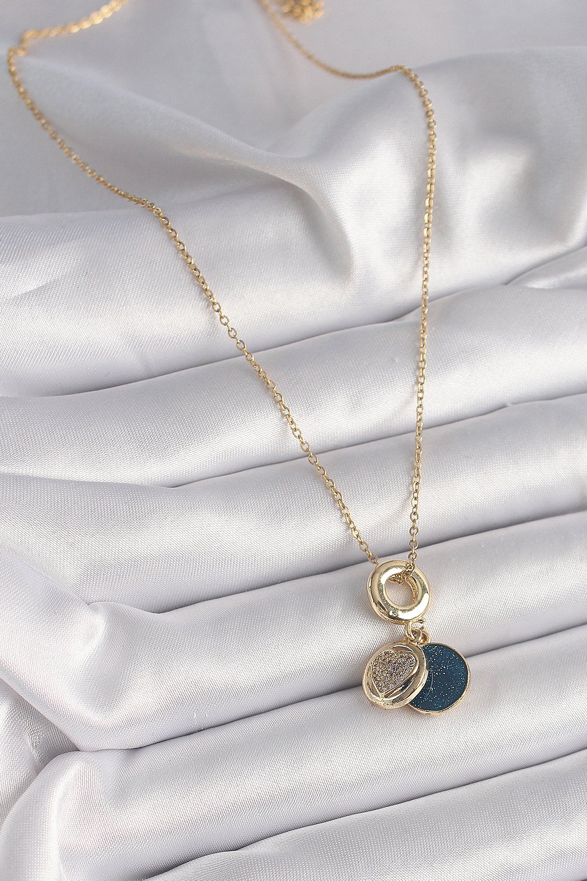 316L Steel Gold Color Chain Zircon Stone Heart Model Blue Glitter Women's Necklace
