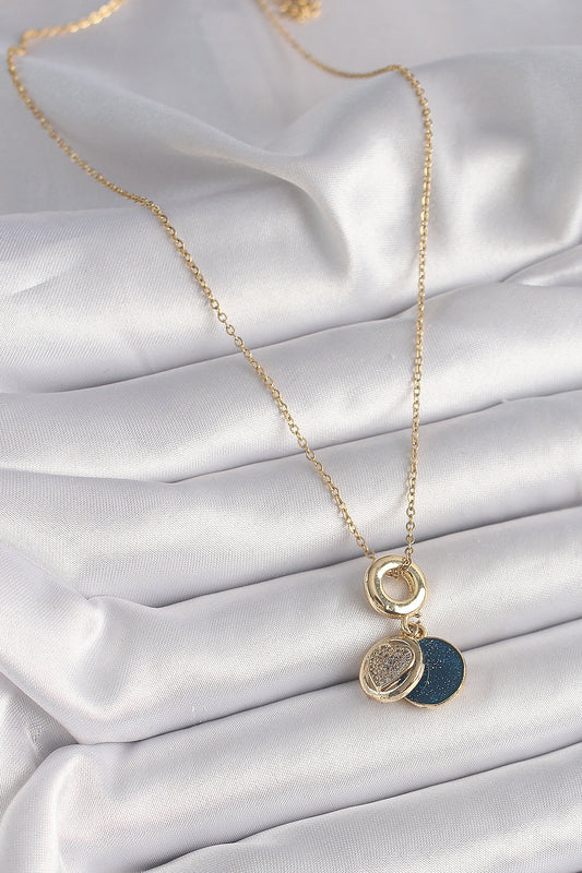 316L Steel Gold Color Chain Zircon Stone Heart Model Blue Glitter Women's Necklace