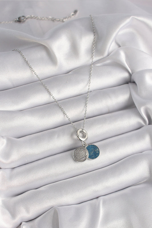 316L Steel Silver Color Chain Zircon Stone Embroidered Blue Glittery Women's Necklace