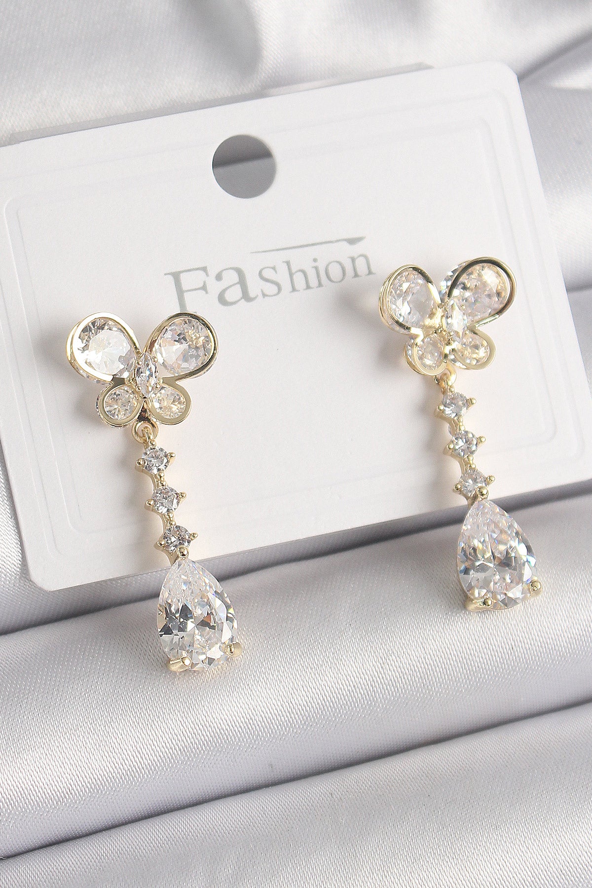 Brass Gold Color Zircon Stone Butterfly Model Dangle Drop Zircon Stone Women's Earrings