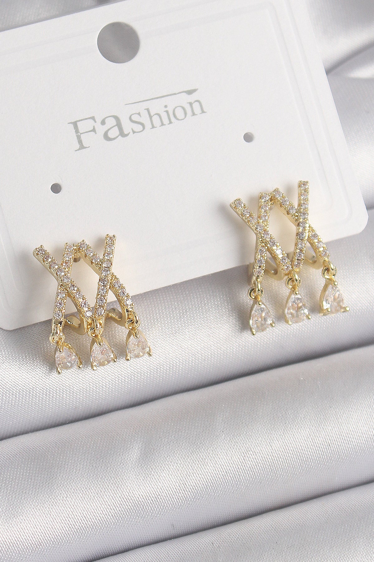 Brass Gold Color Zircon Stone X Model Dangle Detail Women's Earrings