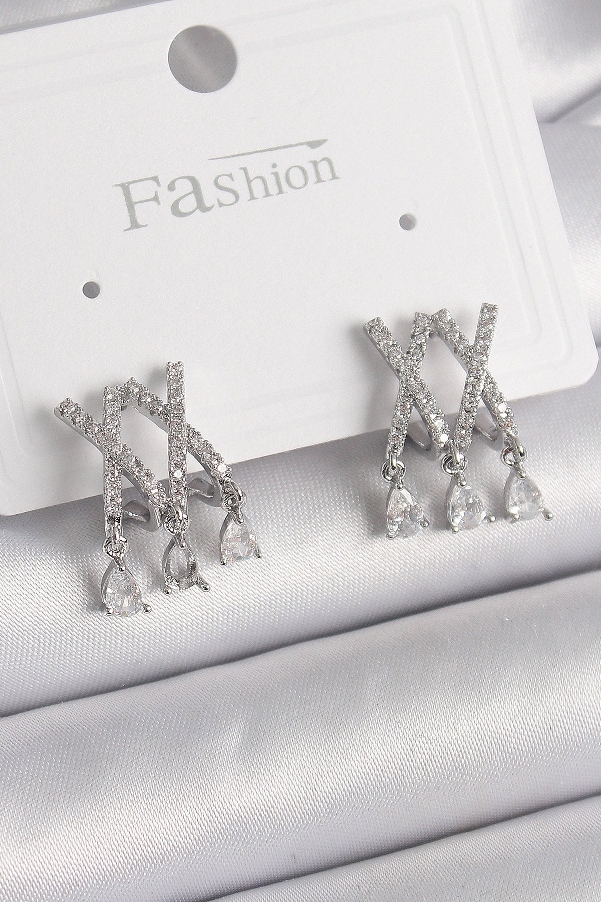 Brass Silver Color Zircon Stone X Model Dangle Detail Women's Earrings