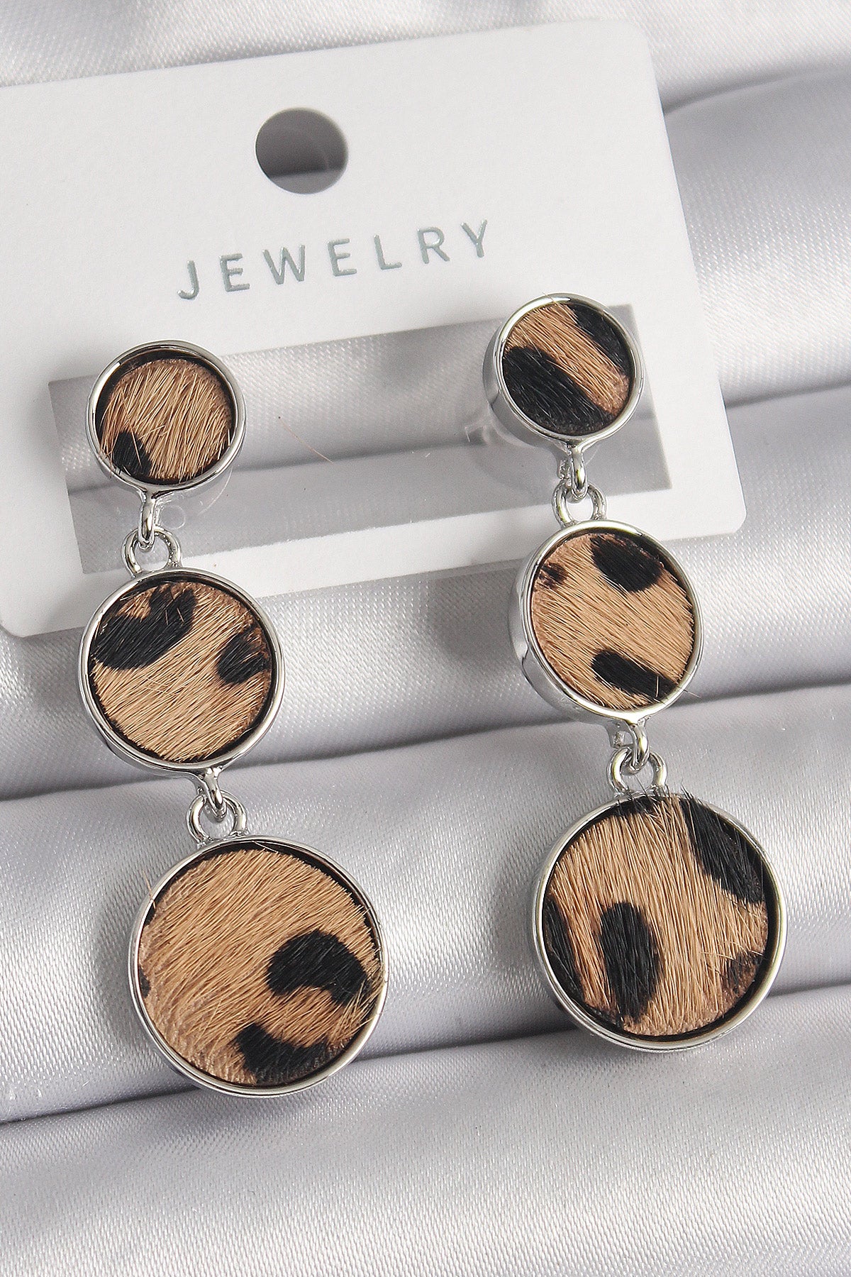 Brass Silver Color 3-Piece Circle Plate Leopard Pattern Women's Earrings