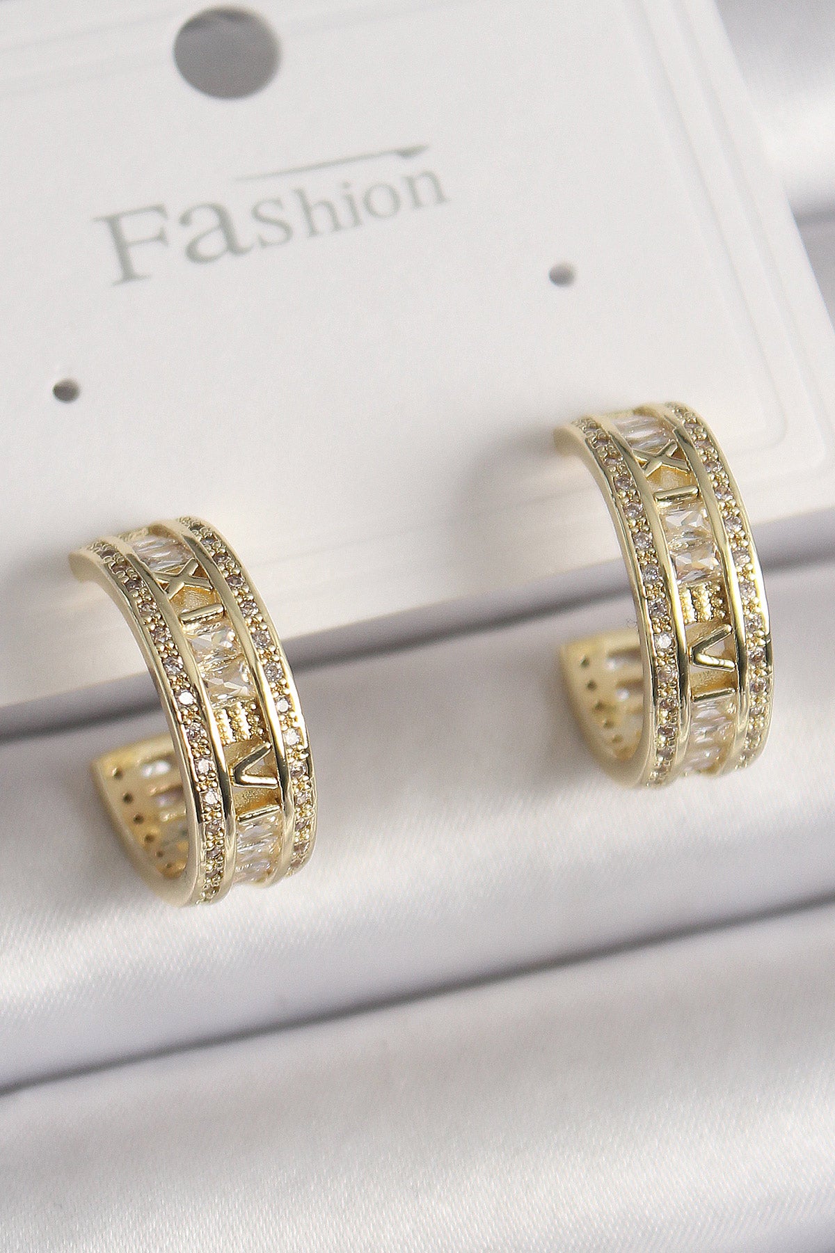 Brass Gold Color Zircon Stone Embroidery Detail Hoop Model Women's Earrings
