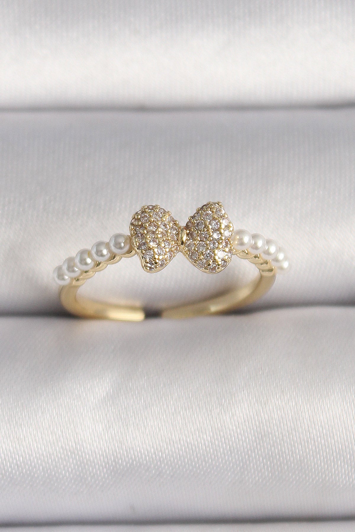 Brass Gold Color Zircon Stone Bow Pearl Detail Adjustable Ring
