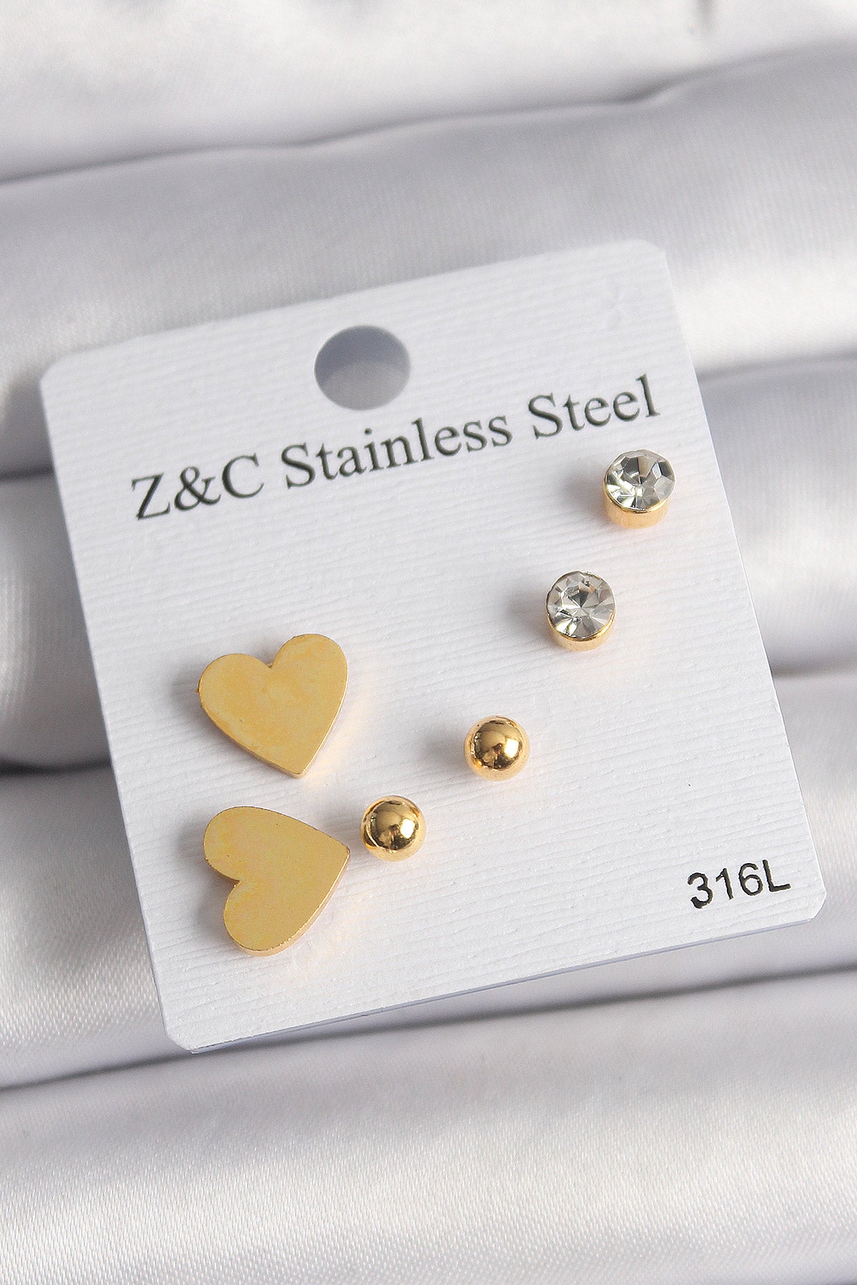 316L Steel Gold Color Zircon Stone Heart Women's Earring Set