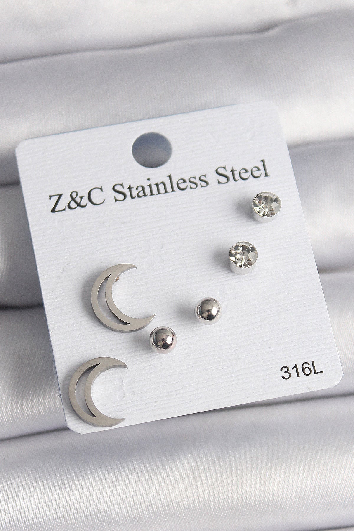 316L Steel Silver Color Zircon Stone Crescent Model Women's Earring Set