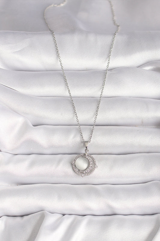 316L Steel Silver Color Zircon Stone White Pearl Crescent Model Women's Necklace