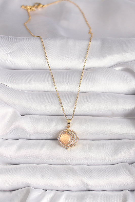 316L Steel Gold Color Zircon Stone Orange Pearl Crescent Model Women's Necklace