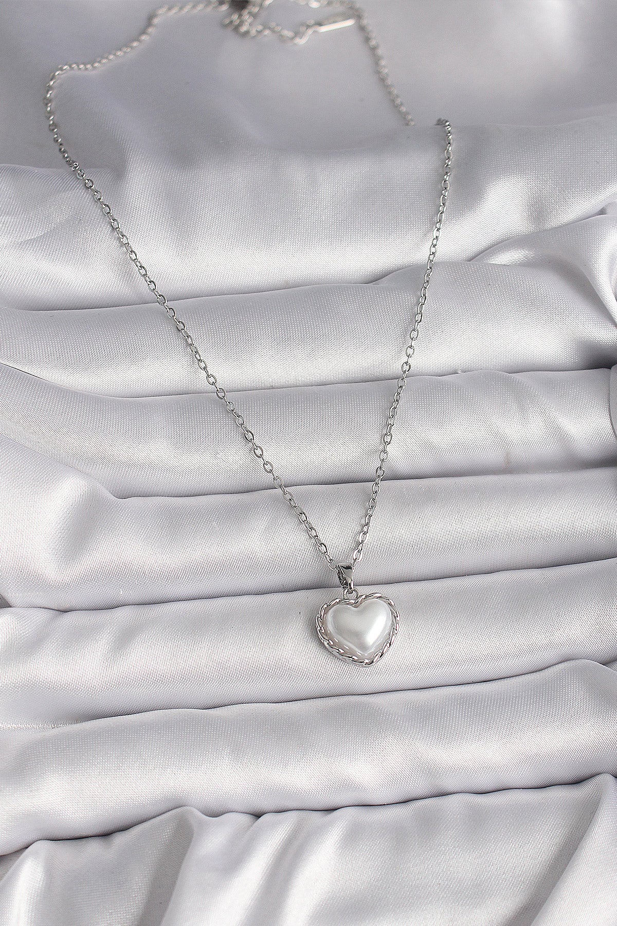 316L Steel Silver Color Chain 3D Pearl Heart Model Women's Necklace