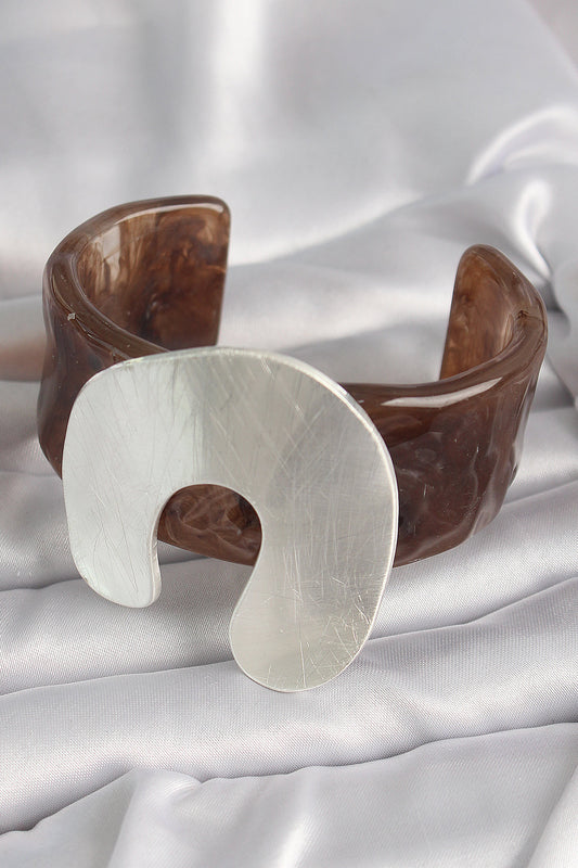 Brown Marble Pattern Acrylic Plastic Silver Plate Model Vintage Women's Bracelet