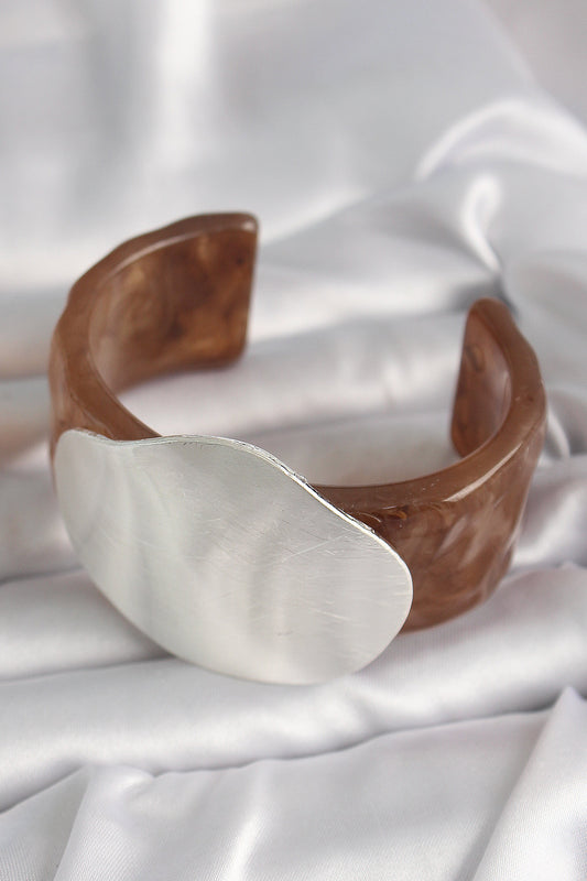 Brown Marble Pattern Acrylic Plastic Silver Plate Model Vintage Women's Bracelet