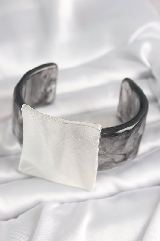 Black Marble Pattern Acrylic Plastic Silver Square Plate Model Vintage Women's Bracelet