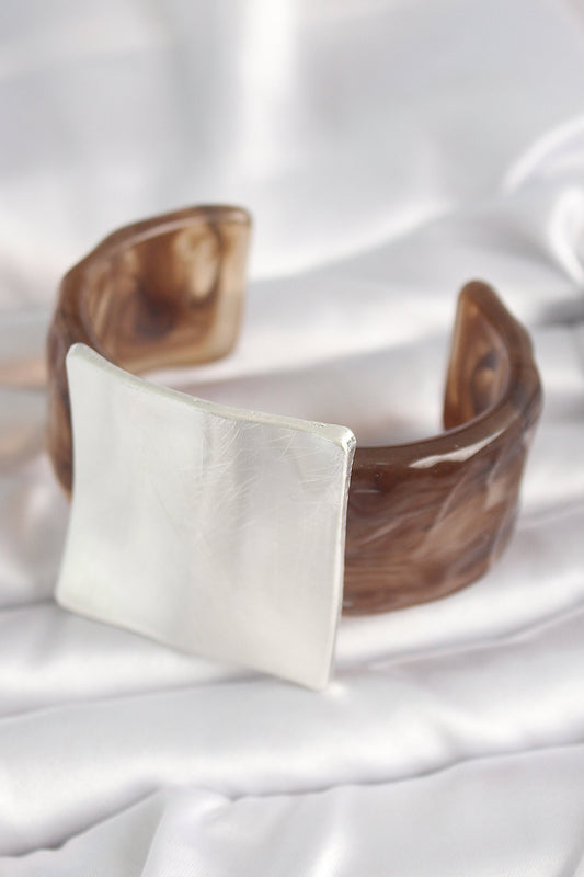 Brown Marble Pattern Acrylic Plastic Silver Square Plate Model Vintage Women's Bracelet