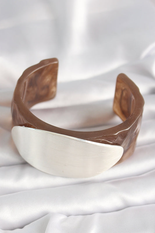 Brown Marble Pattern Acrylic Plastic Silver Oval Plate Model Vintage Women's Bracelet