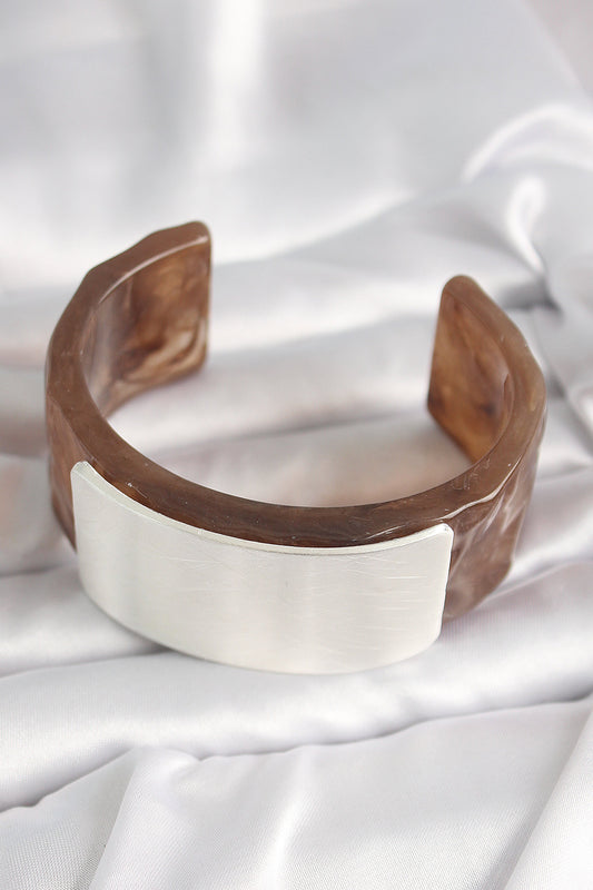Brown Marble Pattern Acrylic Plastic Silver Rectangle Plate Vintage Women's Bracelet
