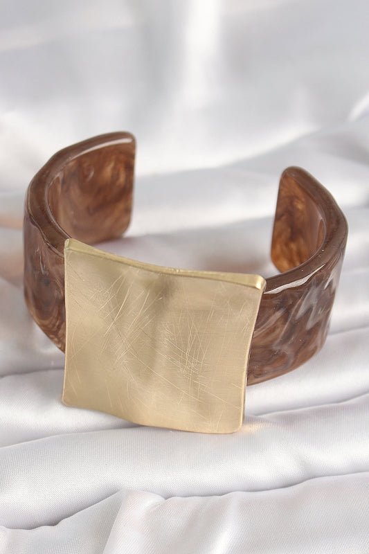 Brown Marble Pattern Acrylic Plastic Gold Square Plate Model Vintage Women's Bracelet