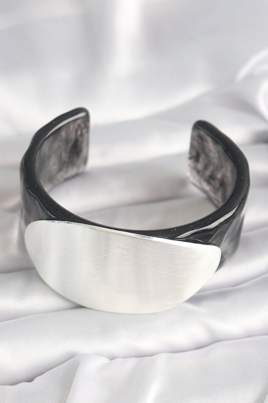 Black Marble Pattern Acrylic Plastic Silver Oval Plate Model Vintage Women's Bracelet