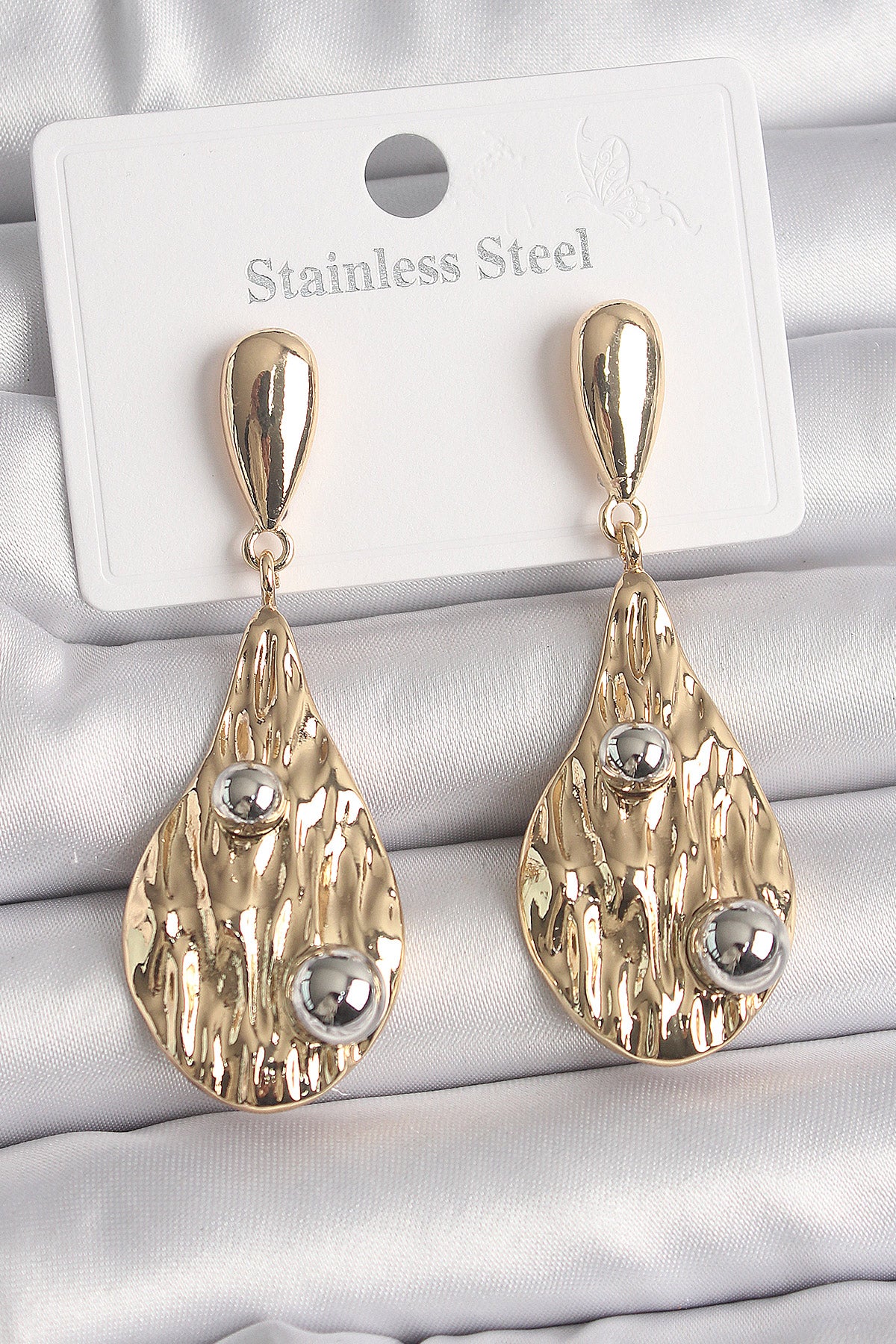 Brass Gold Color Dangle Drop Model Silver Ball Detail Women's Earrings