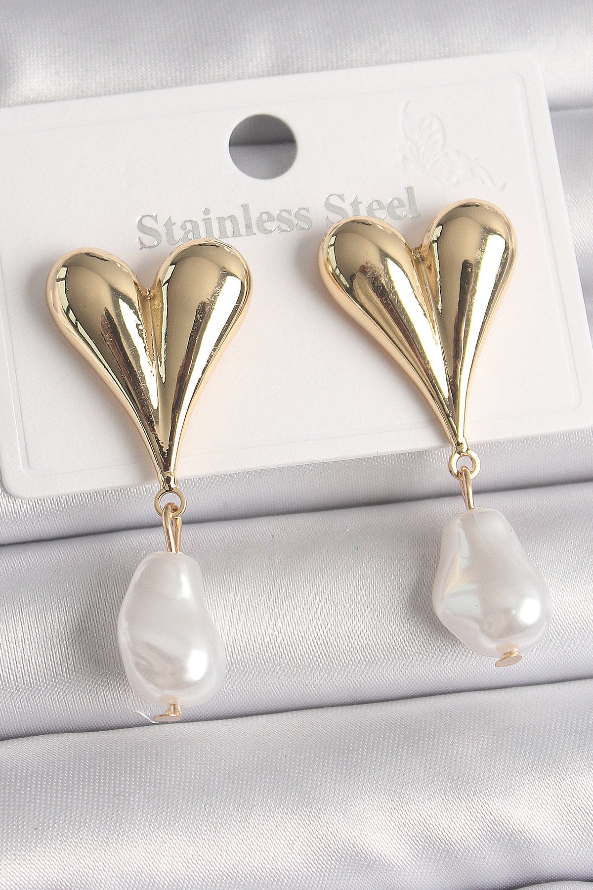 Brass Gold Color Heart Model Dangle Pearl Drop Model Women's Earrings