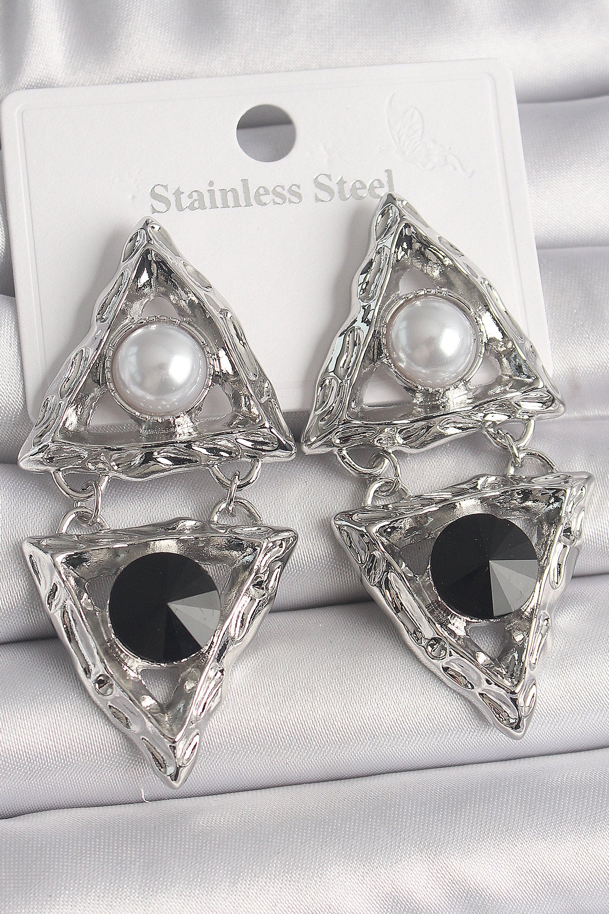 Brass Silver Color Dangle Triangle Model Pearl Detail Women's Earrings