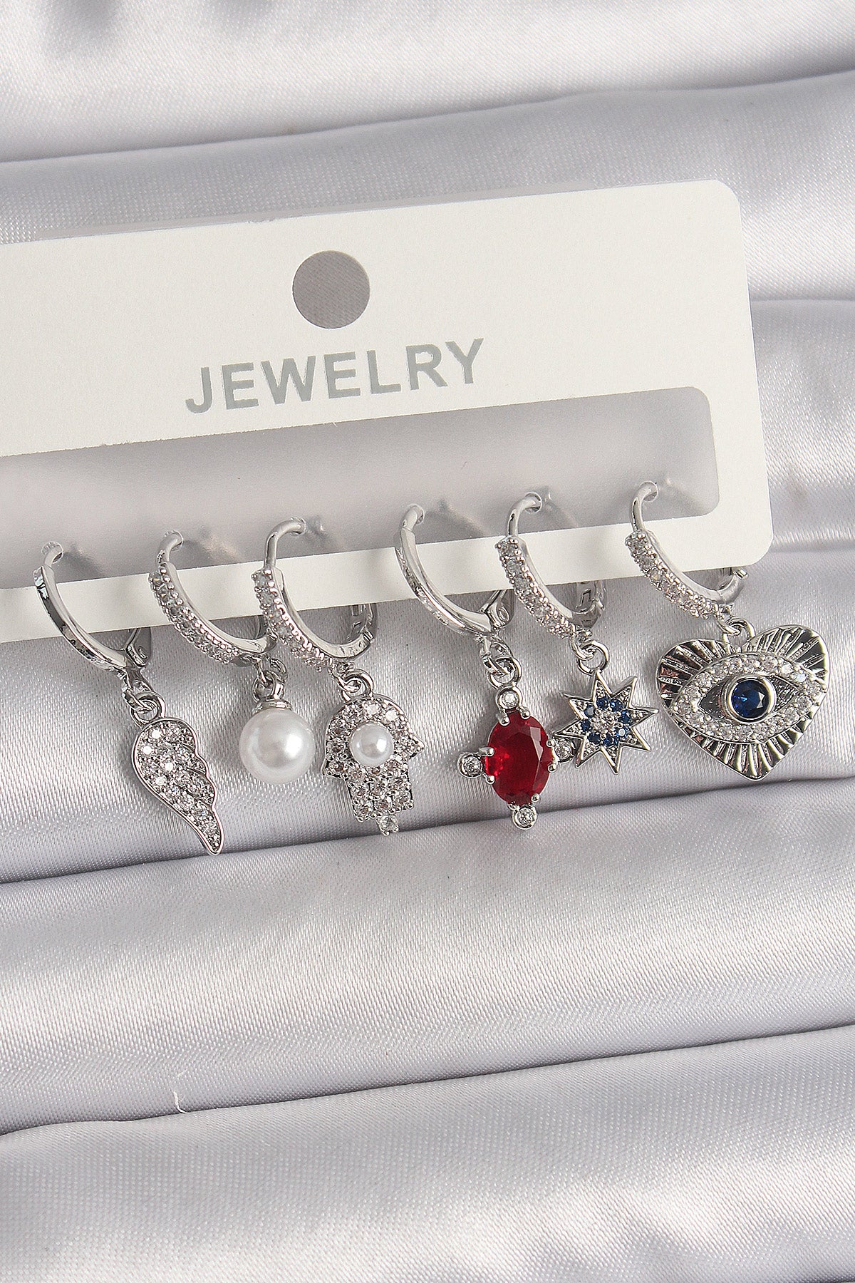 Brass Silver Color Hanging Zircon Stone Fatima Mother Hand Figure Women's Earring Set