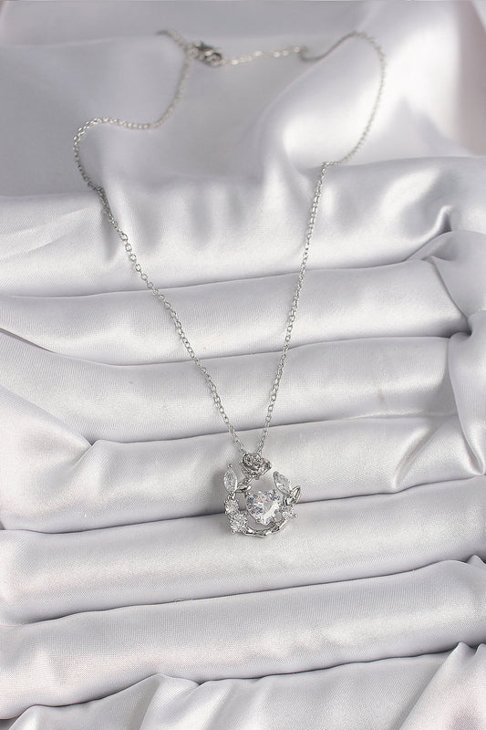316L Steel Silver Color Chain Zircon Stone Heart Figure Rose Detail Women's Necklace