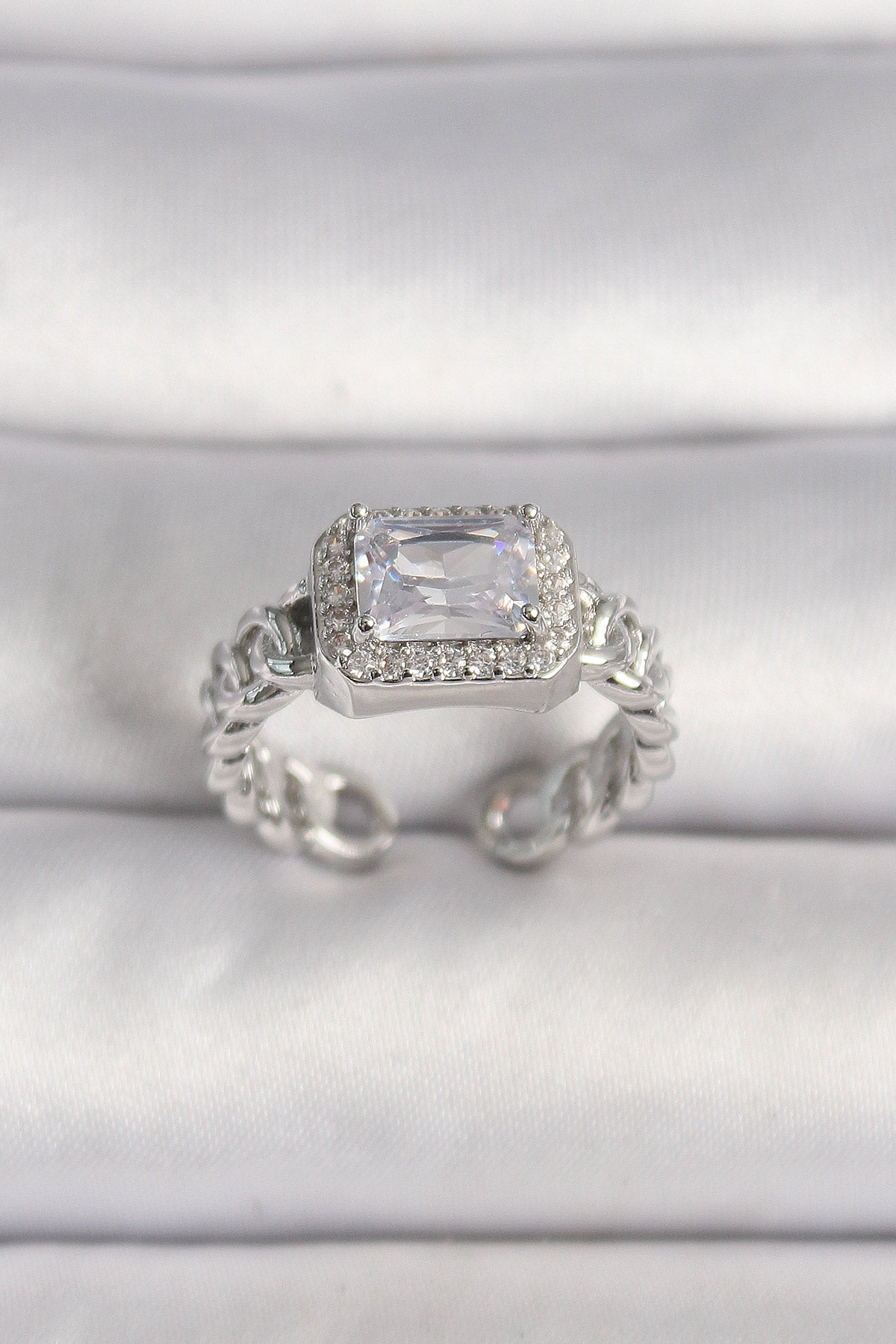 Brass Silver Color Adjustable Chain Square Zircon Stone Women's Ring