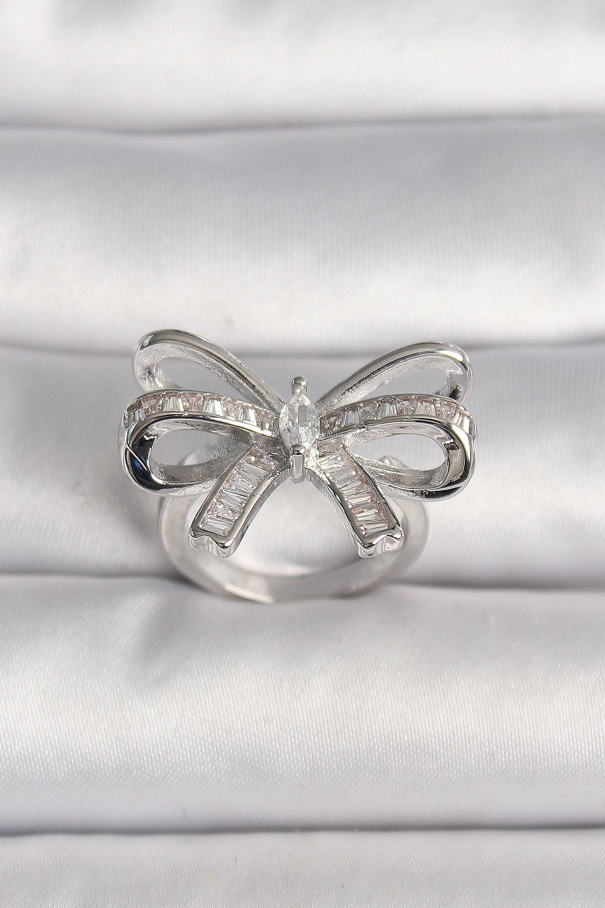 Brass Silver Color Adjustable Zircon Stone Ribbon Model Women's Ring