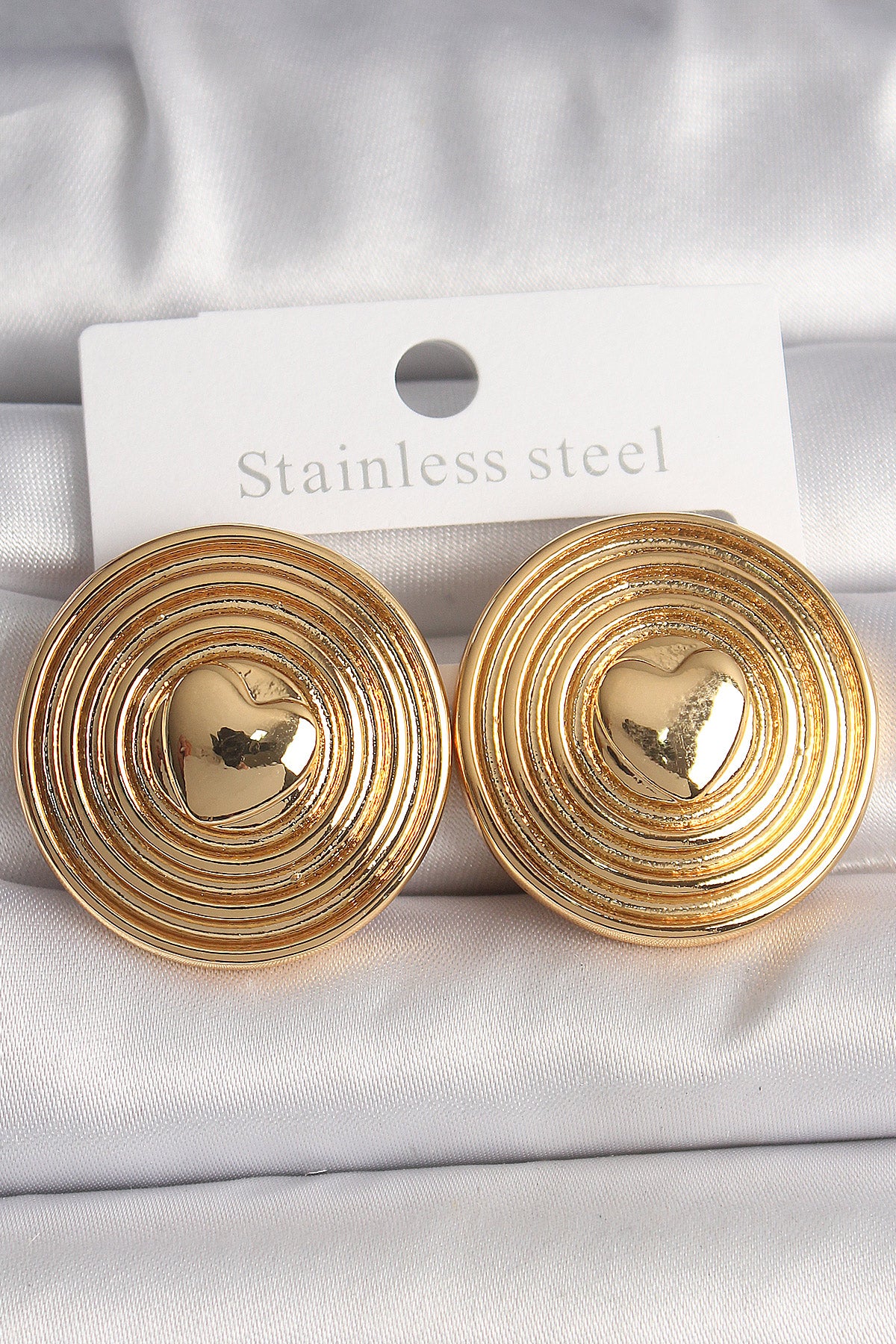 Brass Gold Color Heart Embroidered Circle Plate Model Women's Earrings