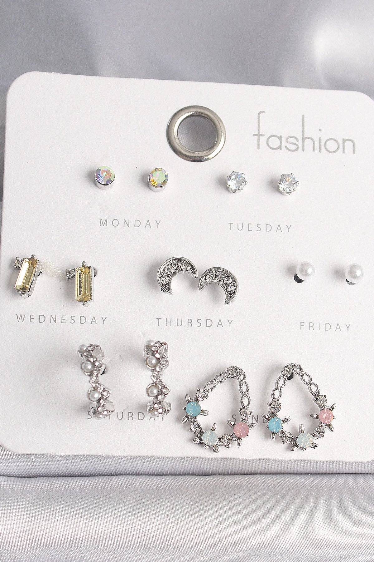 Brass Silver Color Colorful Zircon Stone Hoop Drop Figure Crescent Detail 7 Pairs Women's Earring Set