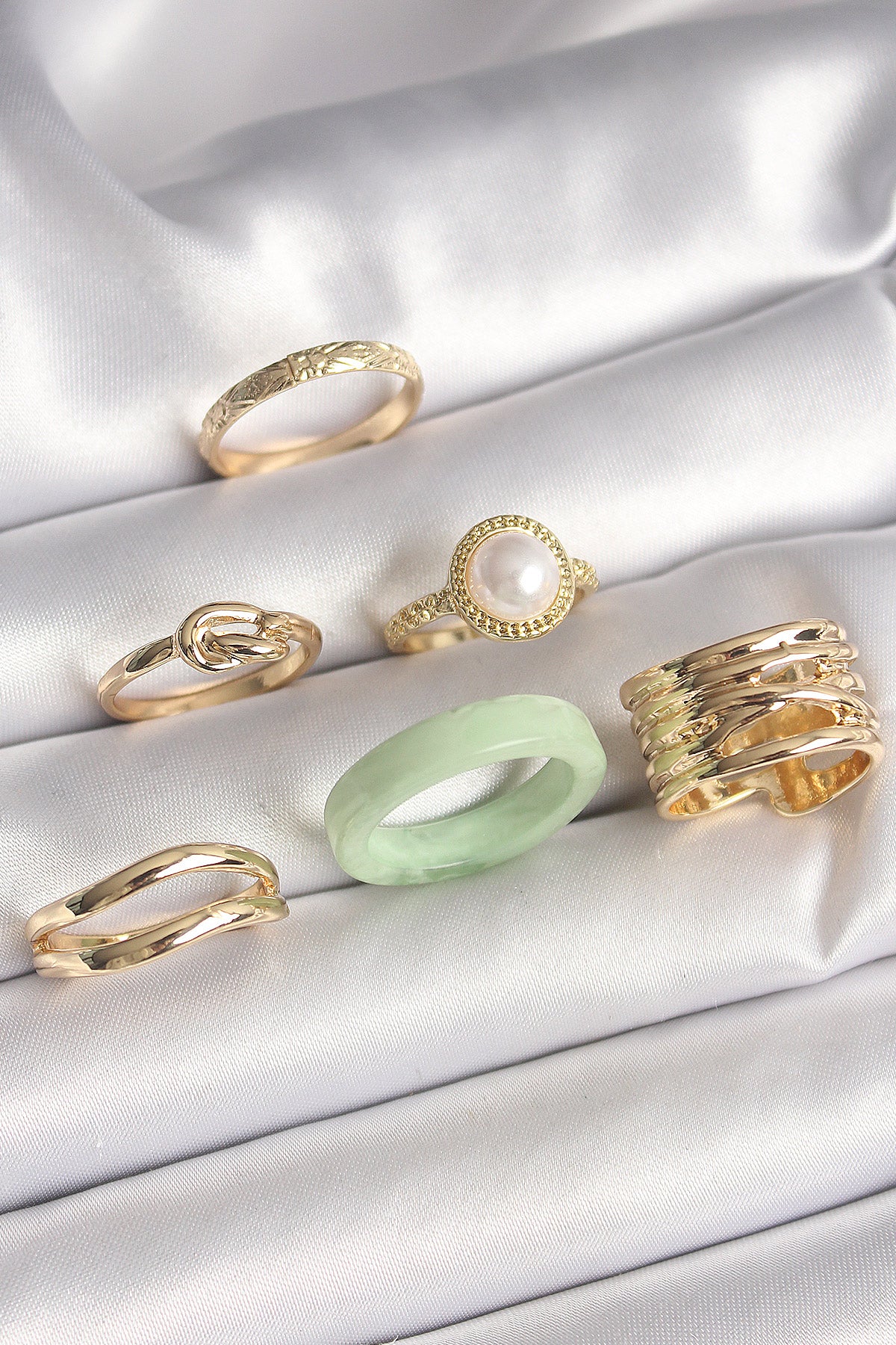 Brass Gold Color Knot Model Pearl Embroidered Plate Model 6-Piece Women's Ring Set