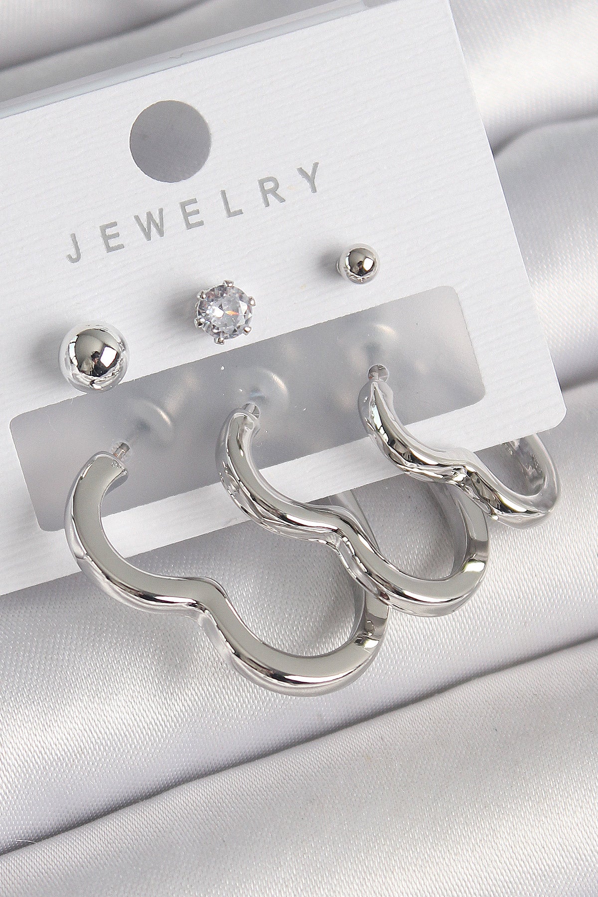 Brass Silver Color Heart Model Zircon Stone Ball Detail Women's Earring Set