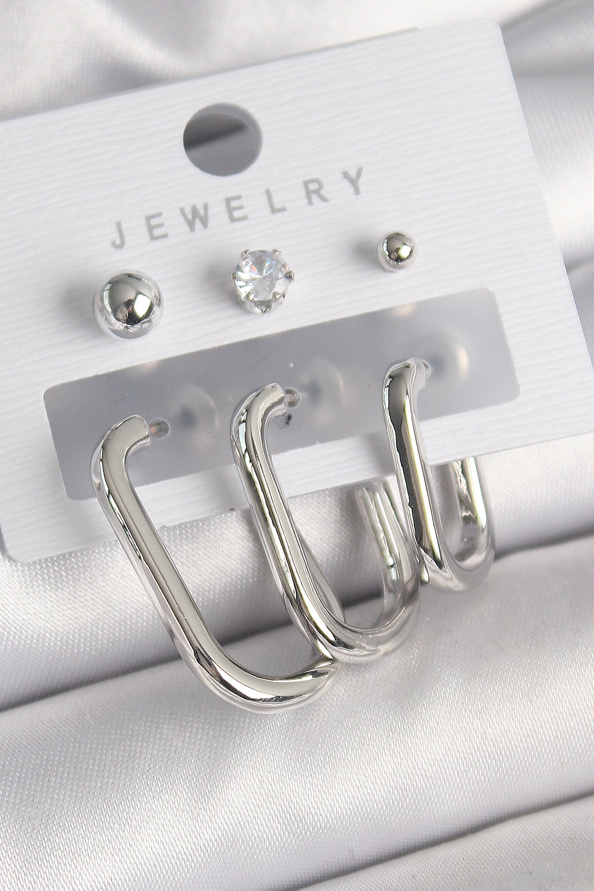 Brass Silver Color Hoop Model Zircon Stone Ball Detail Women's Earring Set