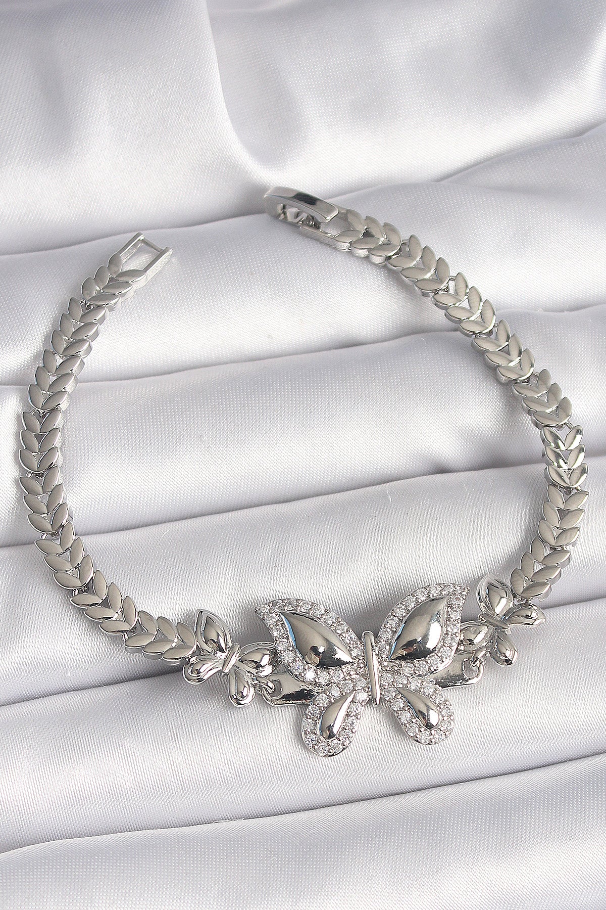 Brass Silver Color Zircon Stone Butterfly Model Women's Bracelet