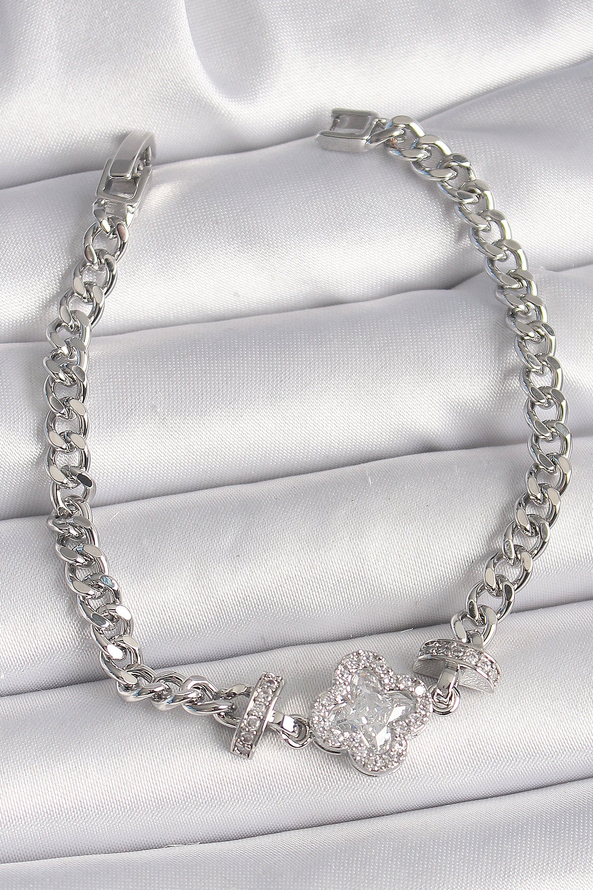 Brass Silver Color Zircon Stone Clover Figure Chain Model Women's Bracelet