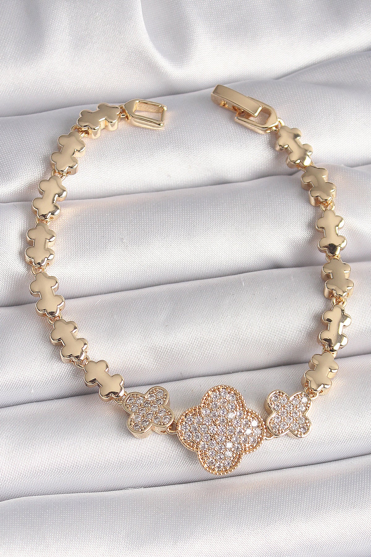 Brass Gold Color Zircon Stone Clover Model Chain Women's Bracelet