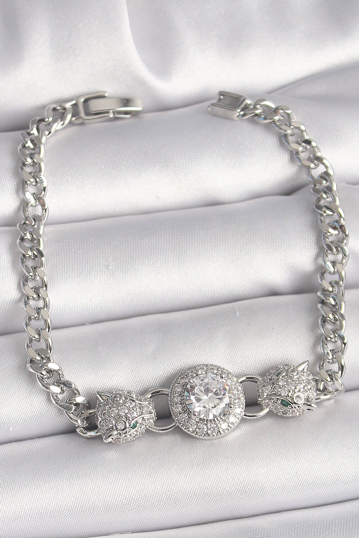 Brass Silver Color Zircon Stone Leopard Figure Chain Model Women's Bracelet