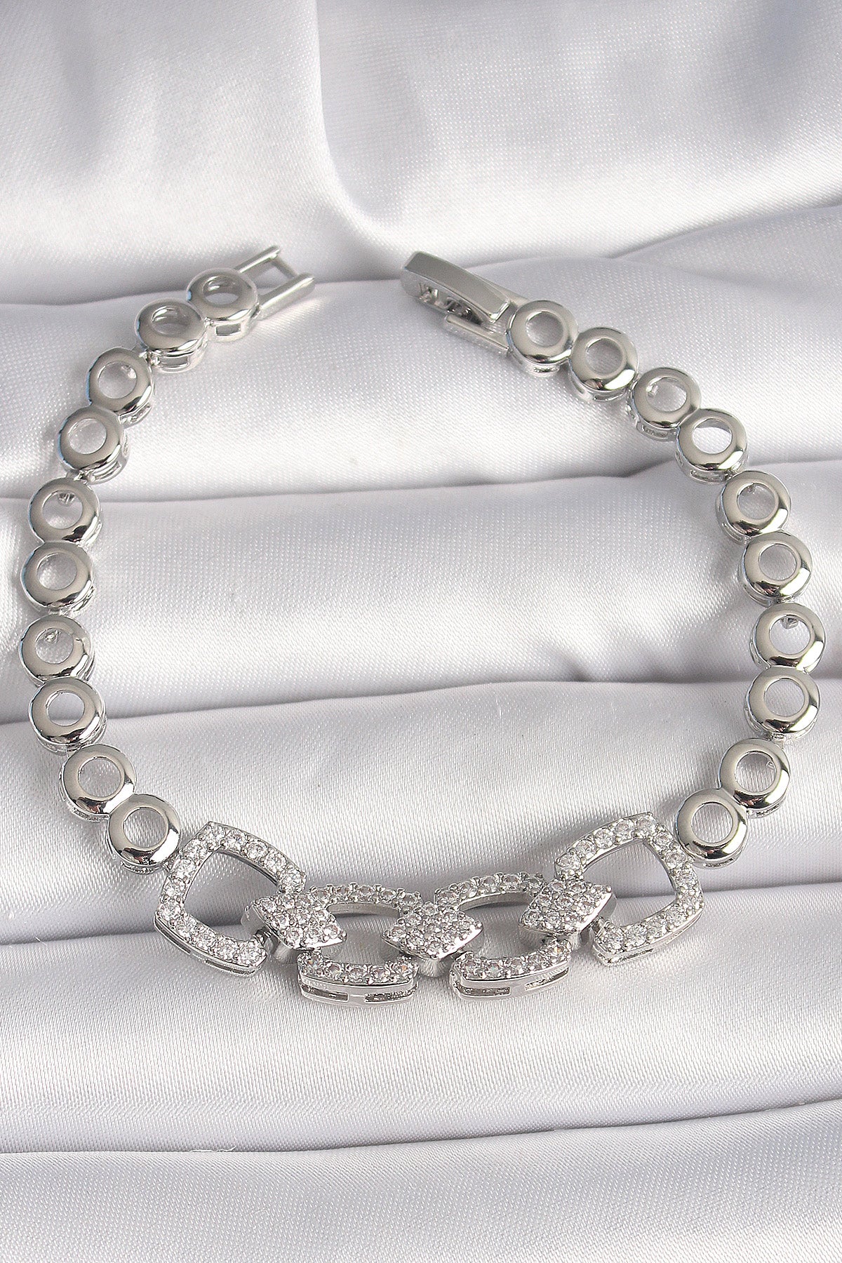 Brass Silver Color Zircon Stone Circle Chain Model Women's Bracelet