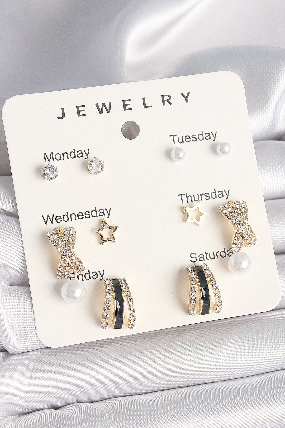 Brass Gold Color Zircon Stone Star Detailed Pearl 7-Piece Women's Earring Set